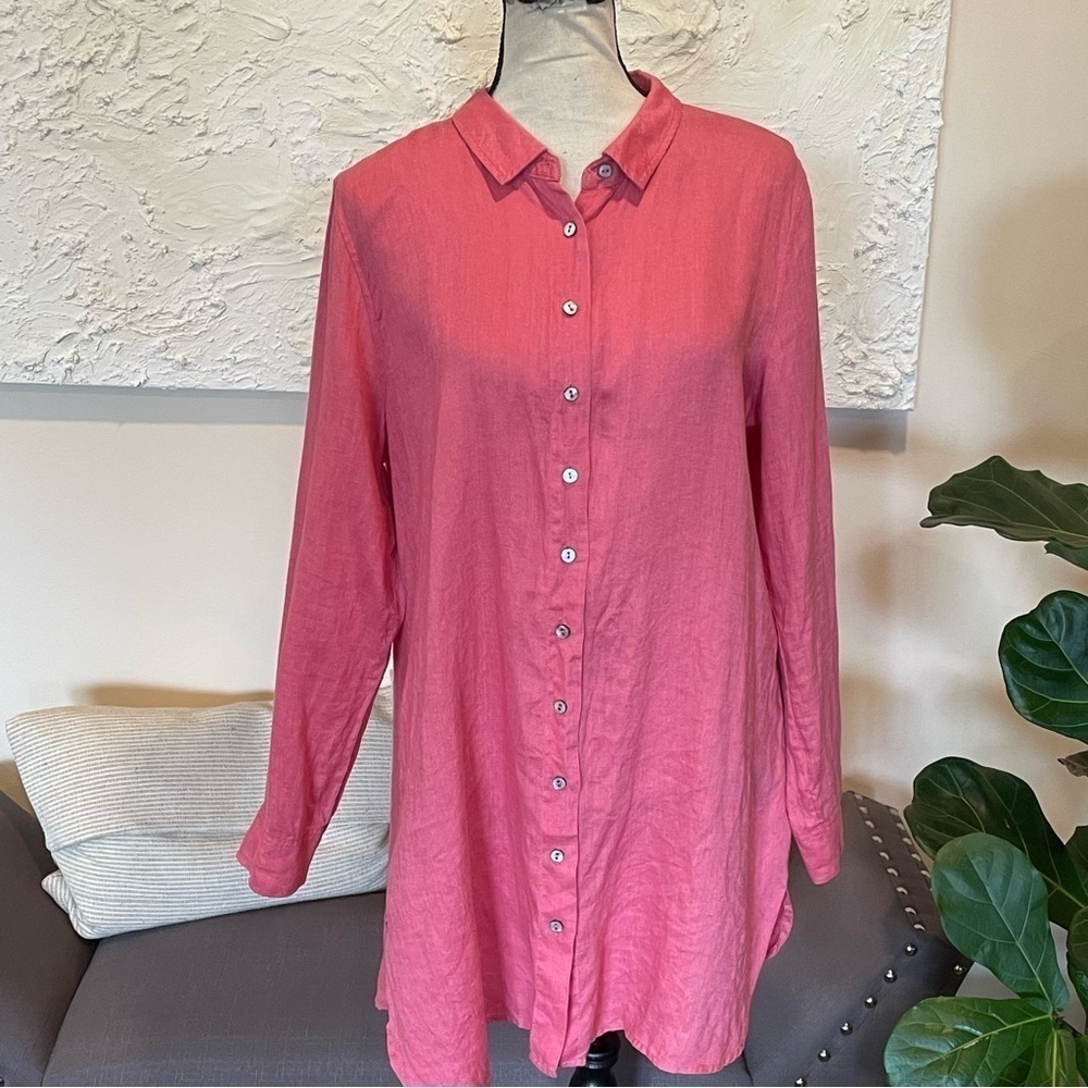 Soft Surroundings Linen Tunic Top Button Blouse Long Sleeve Pink Magenta Sz M